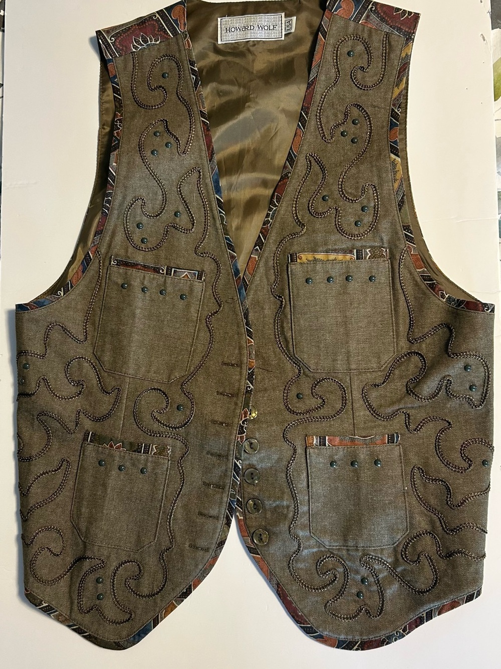 Vintage 1990s Howard Wolf Dallas Art to Wear Beaded Appliqué Vest Made in US